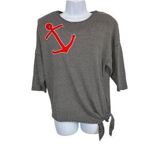 Vintage Oliver Womens L Top Shirt White Black Striped Nautical Red Anchor